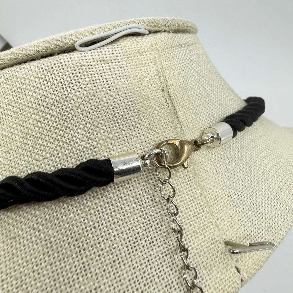 Necklace Vintage Black Cord Tassel Silver Tone Rhinestone Circle Pendant Boho